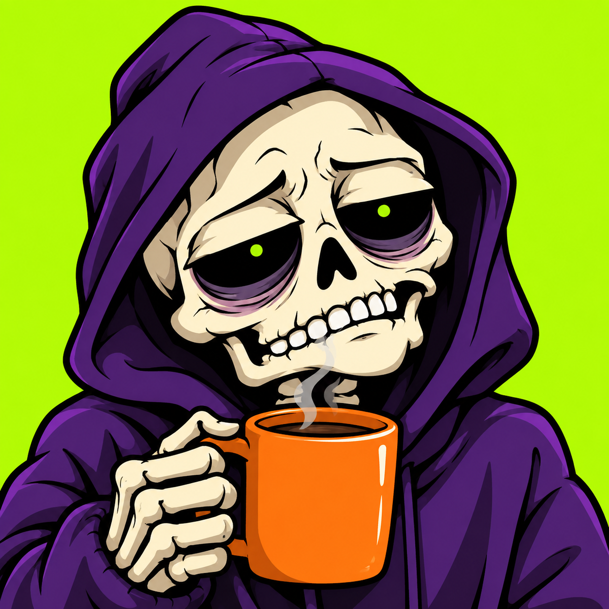 A tired skeleton in a purple hoodie holding an orange coffee mug